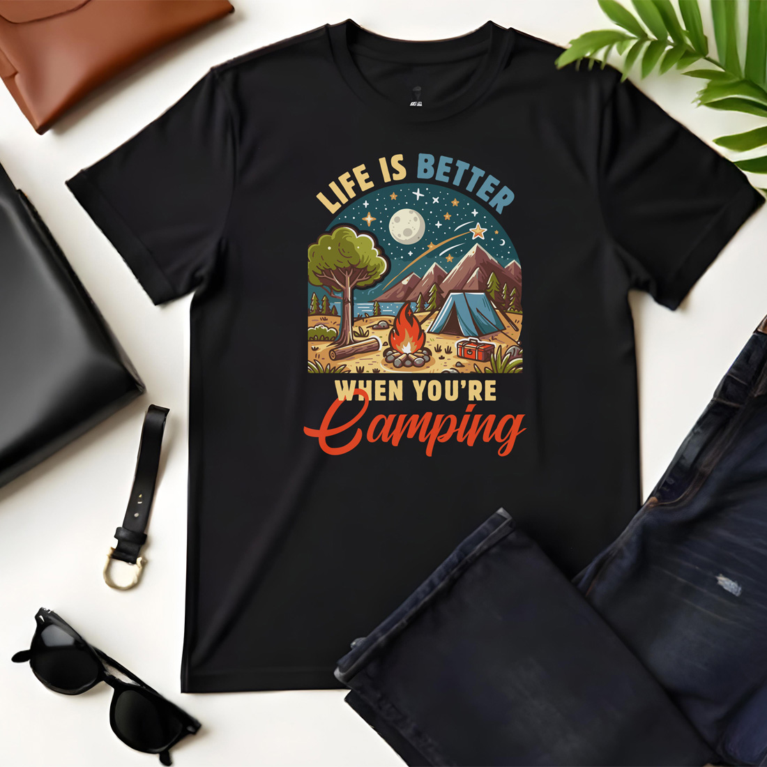 life is better when you are camping graphic design 1 black flat tshirt mockup 579