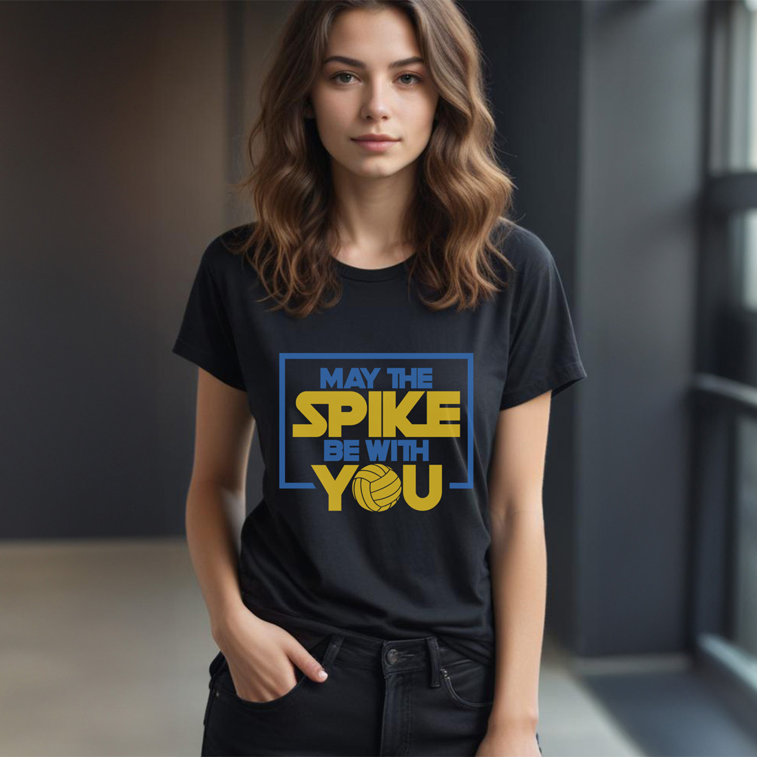 may the spike be with you volleyball graphic design female tshirt mockup 438