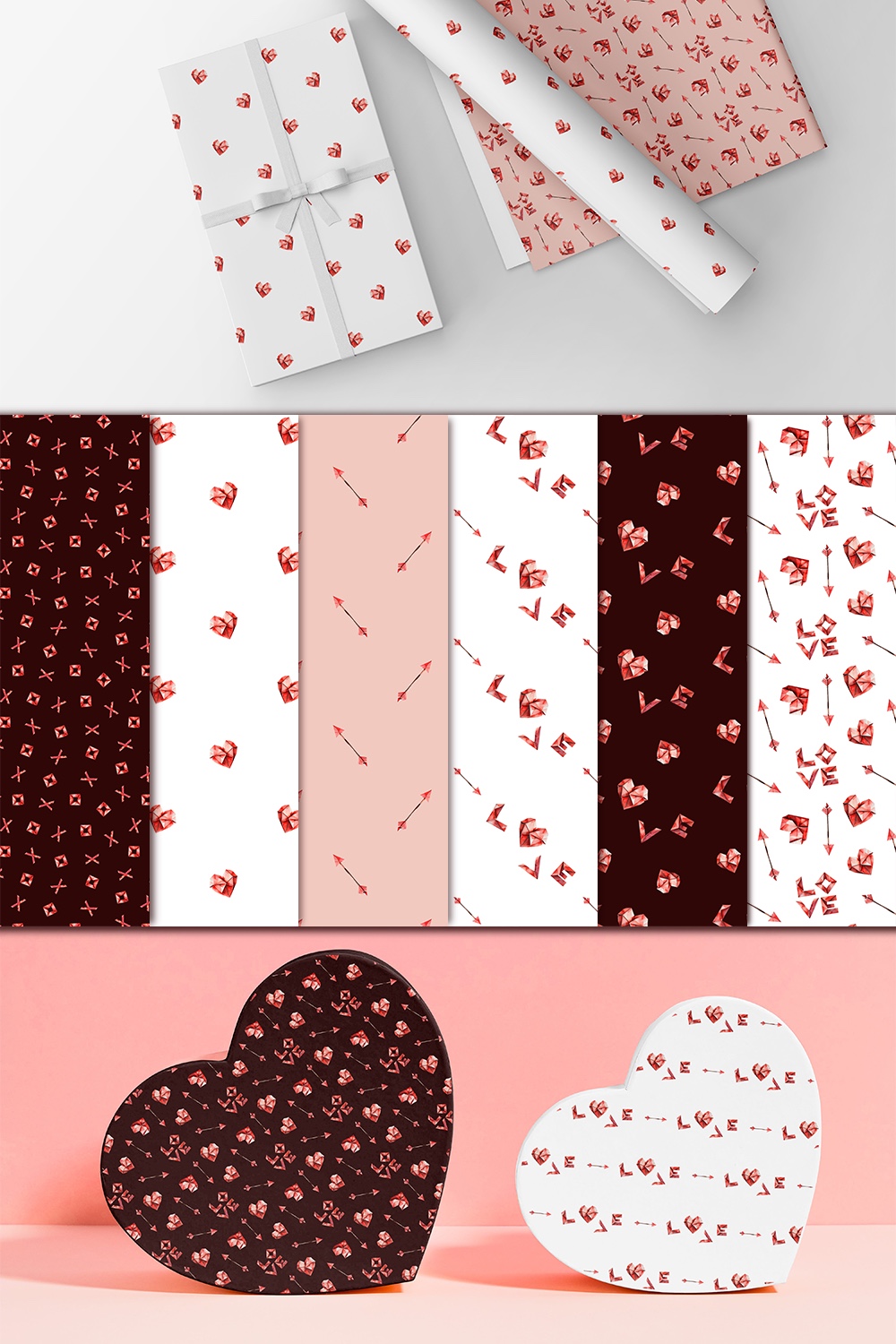 seamless Valentine’s Day patterns created in watercolor technique ,inspired by origami ornaments pinterest preview image.