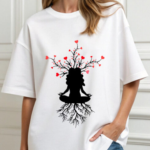 Girl sitting in meditation with tree vector cover image.