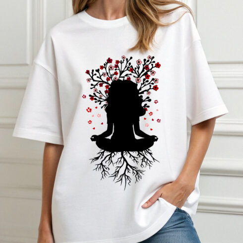 Girl sitting in meditation with tree vector cover image.