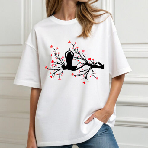 Girl sitting in meditation with tree branch and love shape vector cover image.