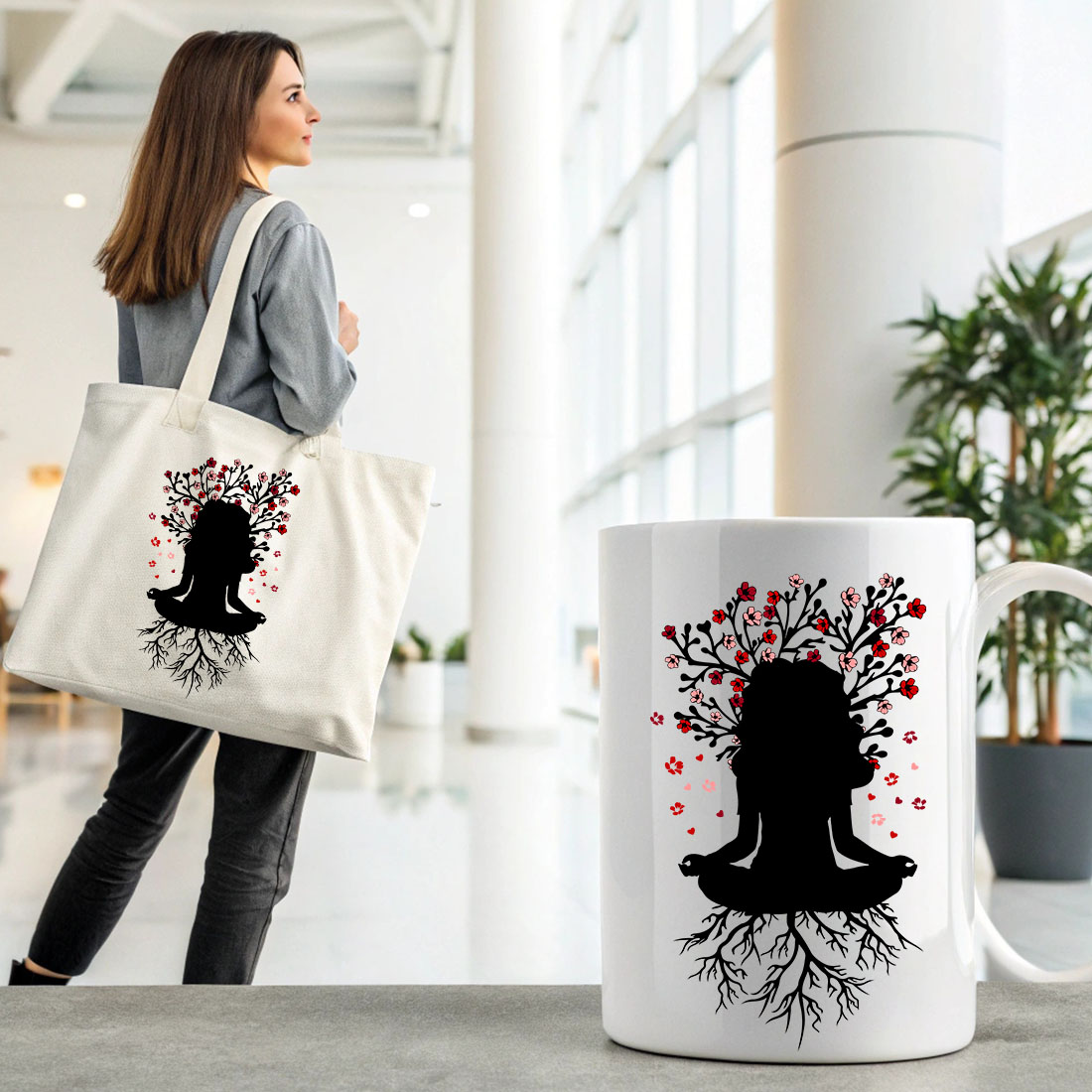 Girl sitting in meditation with tree vector preview image.