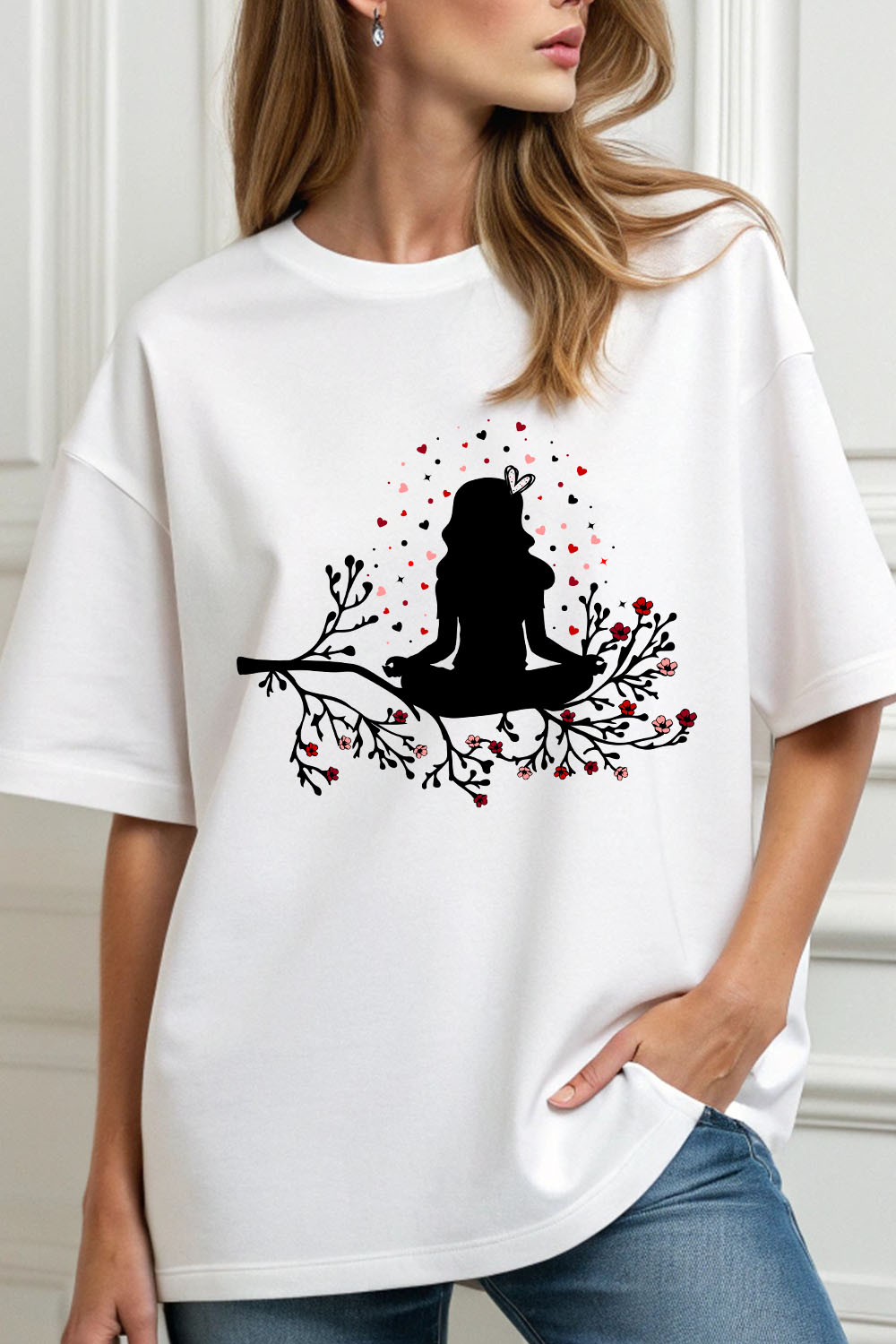 Girl sitting in meditation with tree branch and love shape vector pinterest preview image.