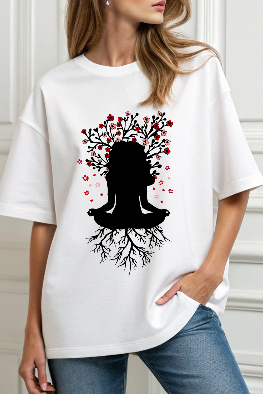 Girl sitting in meditation with tree vector pinterest preview image.