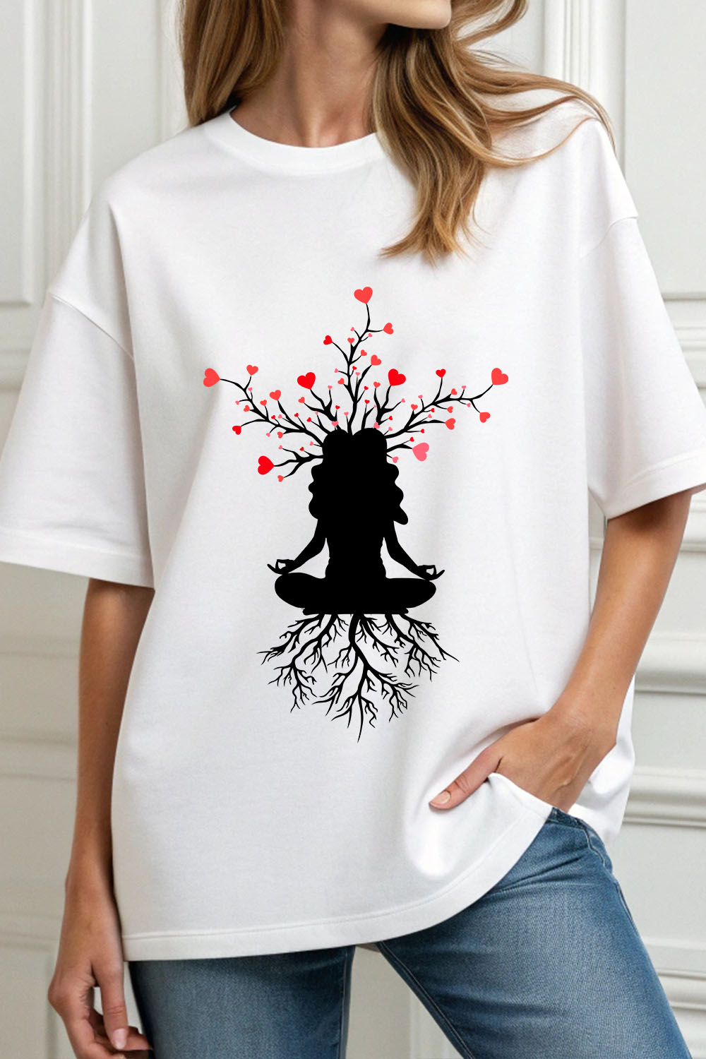 Girl sitting in meditation with tree vector pinterest preview image.