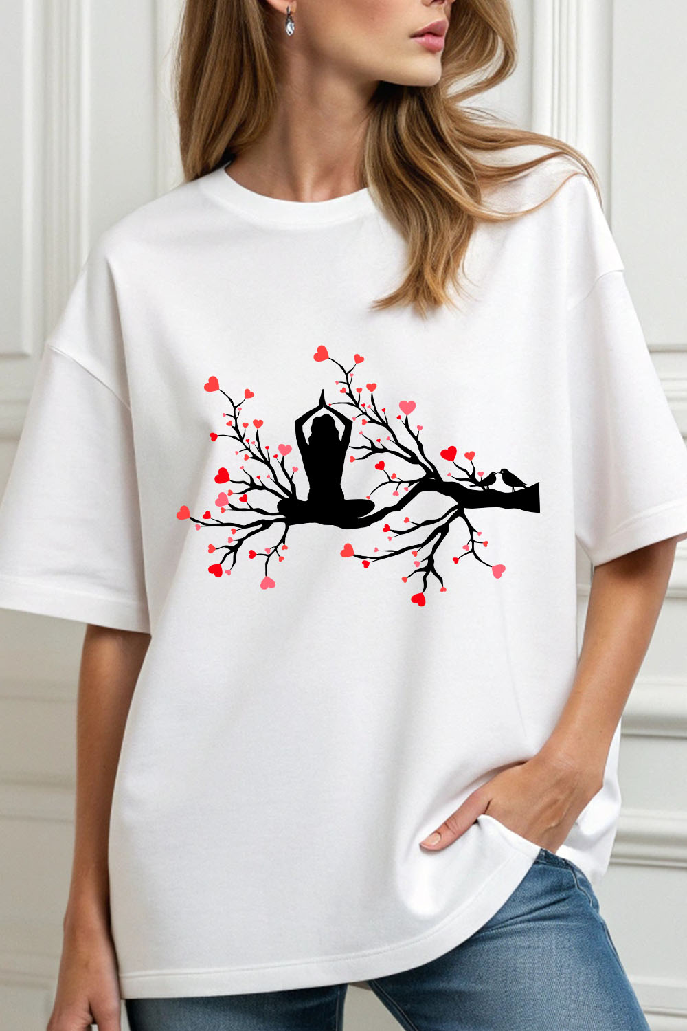 Girl sitting in meditation with tree branch and love shape vector pinterest preview image.