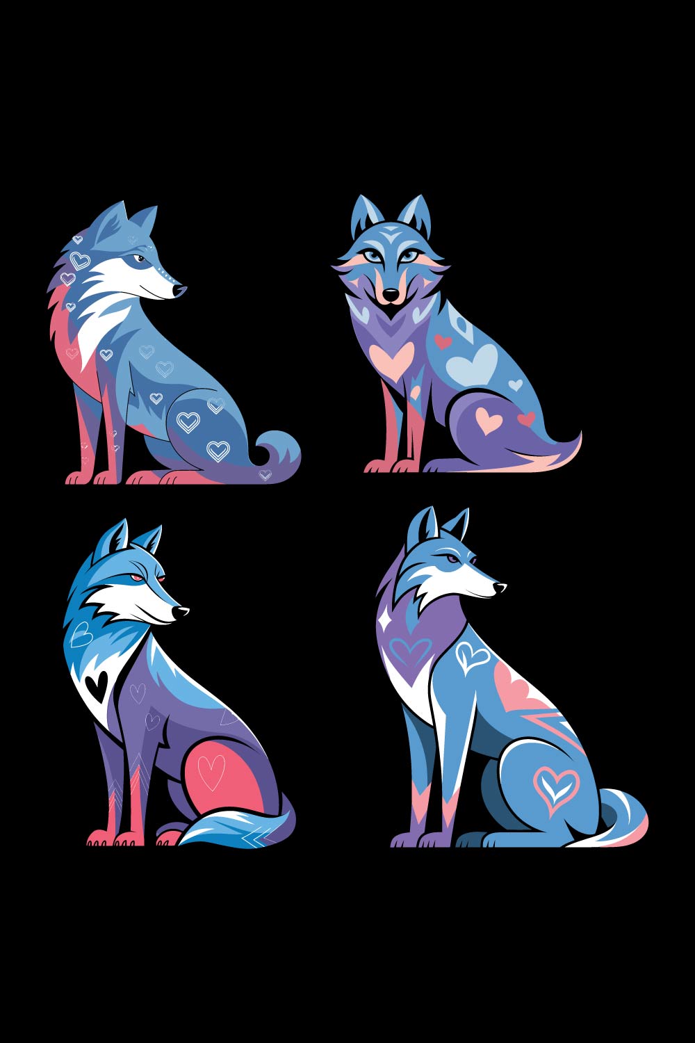 "Minimalist wolf design with geometric heart patterns Vector Bundle pinterest preview image.