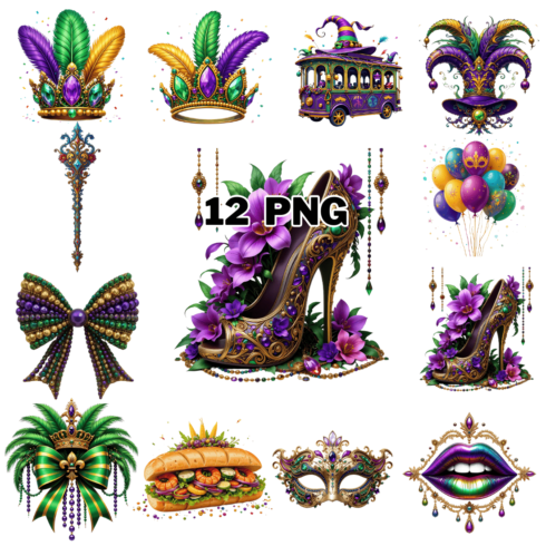 Vibrant Color Mardi Gras Sublimation Clipart Bundle cover image.