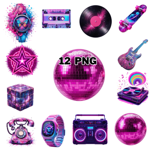 Neon Retro Pink Elements Sublimation Clipart Bundle cover image.