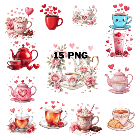 Watercolor Valentine Tea Sublimation Clipart Bundle cover image.