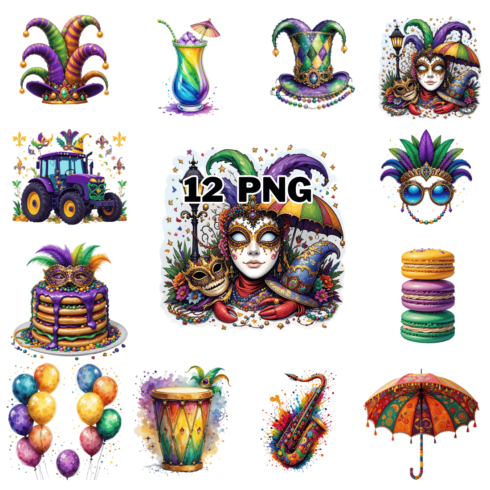 Watercolor Mardi Gras Sublimation Clipart Bundle cover image.