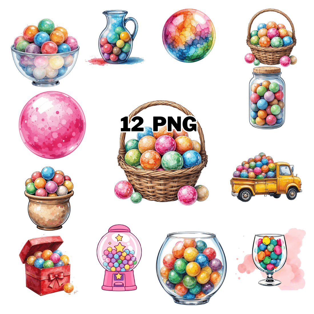 Watercolor Bubble Gum Sublimation Clipart Bundle cover image.