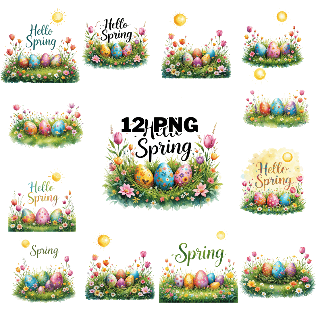 Watercolor Hello Spring Sublimation Clipart Bundle cover image.