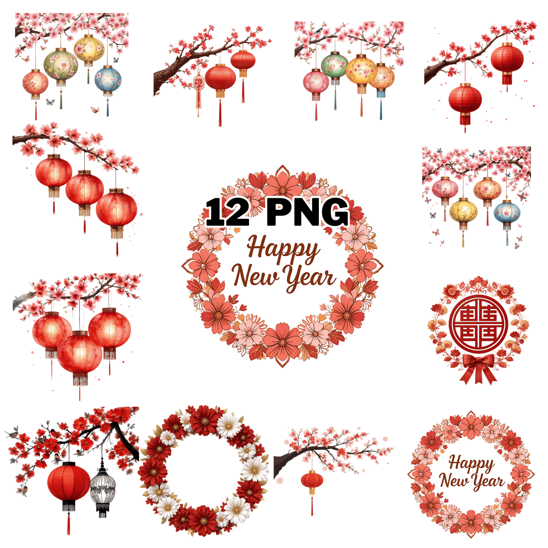 Watercolor Chinese New Year Lanterns and Cherry Blossoms Sublimation Clipart Bundle cover image.