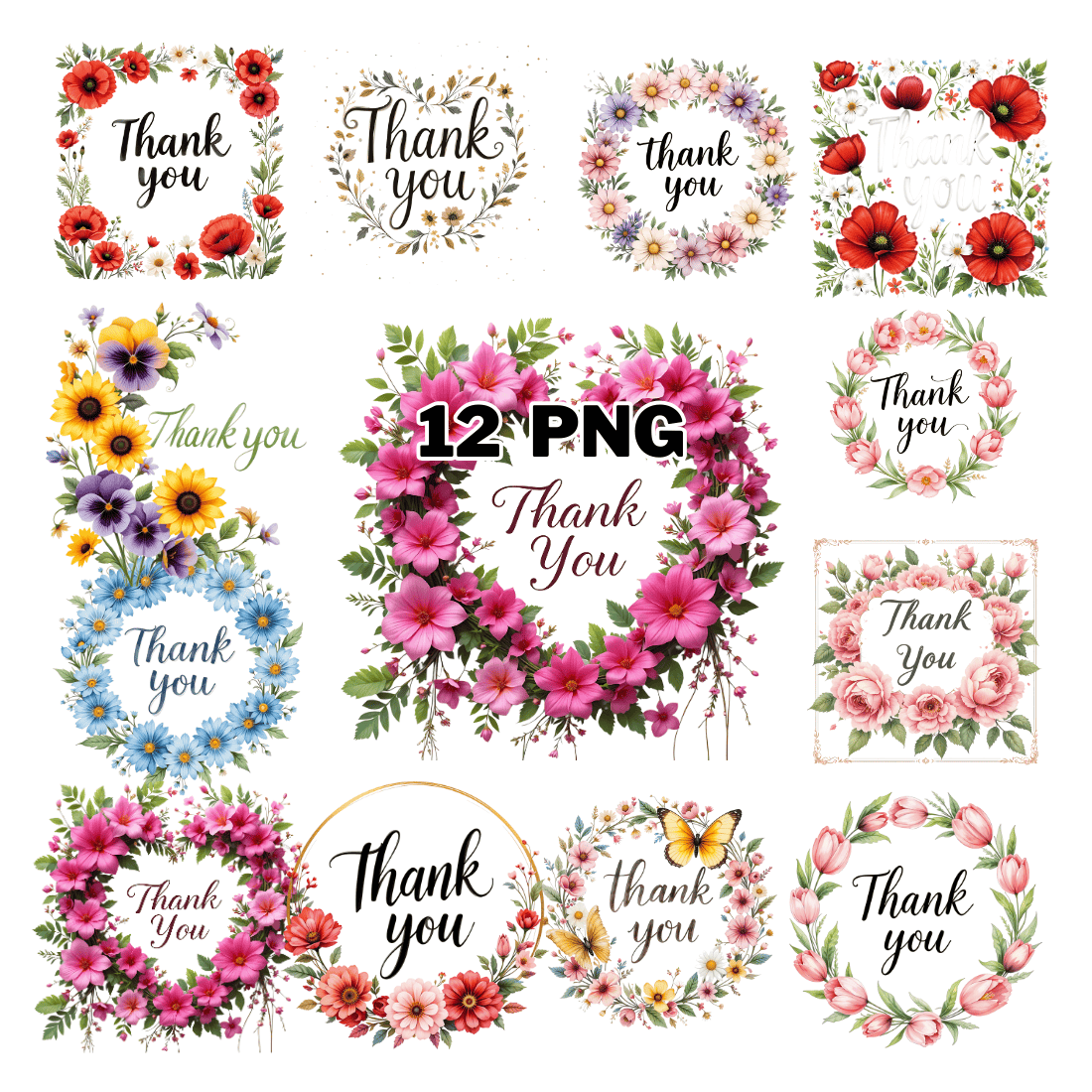 Watercolor Floral Thank You Wreath Sublimation Clipart Bundle cover image.