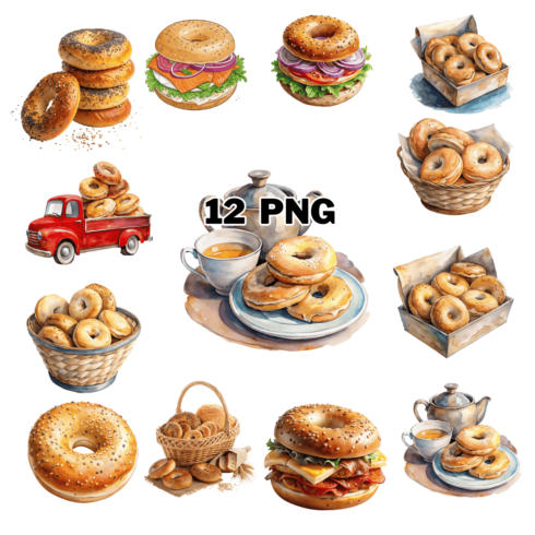 Watercolor Bagel Sublimation Clipart Bundle cover image.