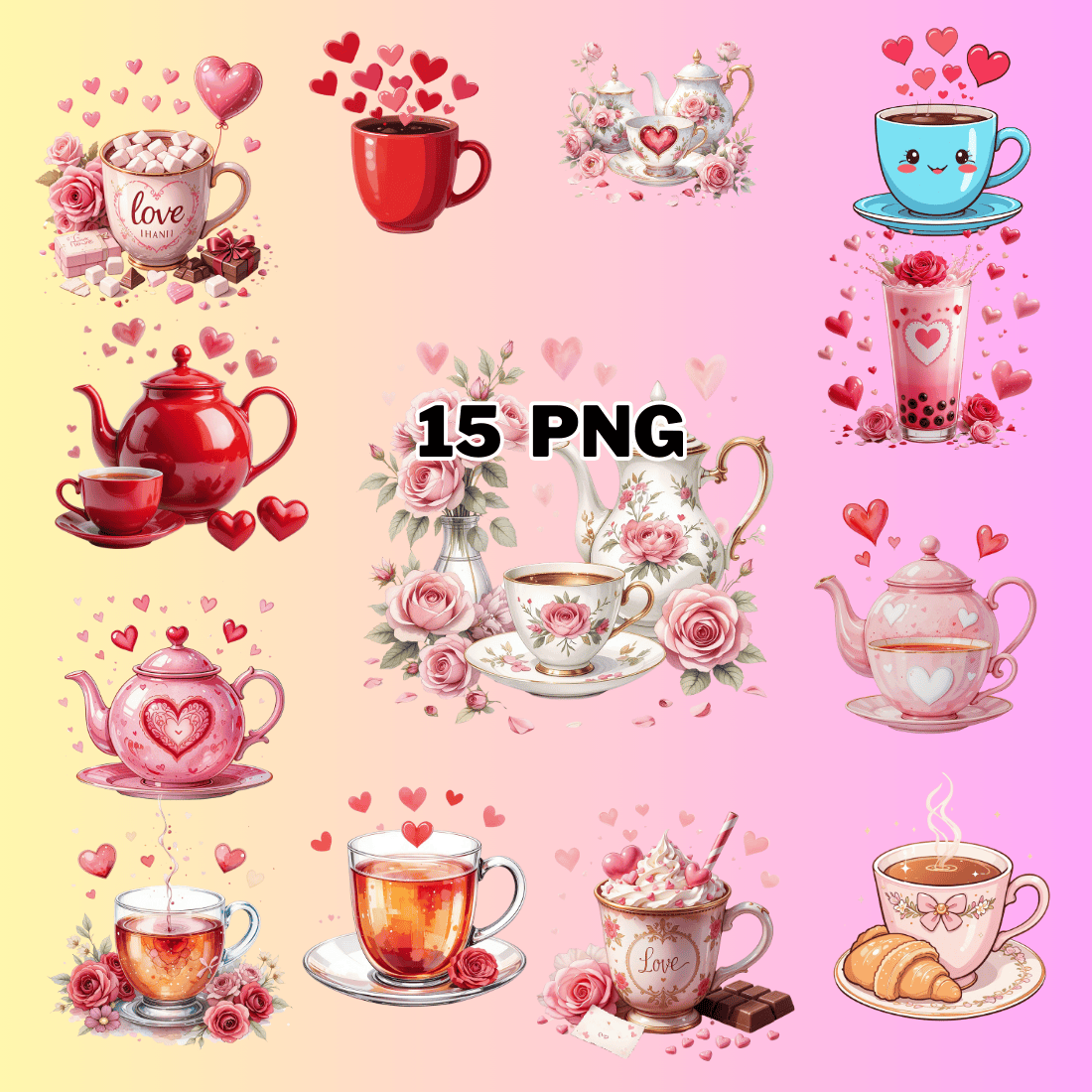 Watercolor Valentine Tea Sublimation Clipart Bundle preview image.