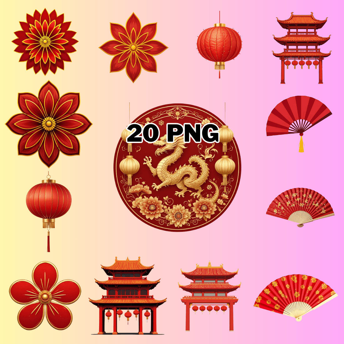 Watercolor Traditional Chinese Elements Sublimation Clipart Bundle preview image.