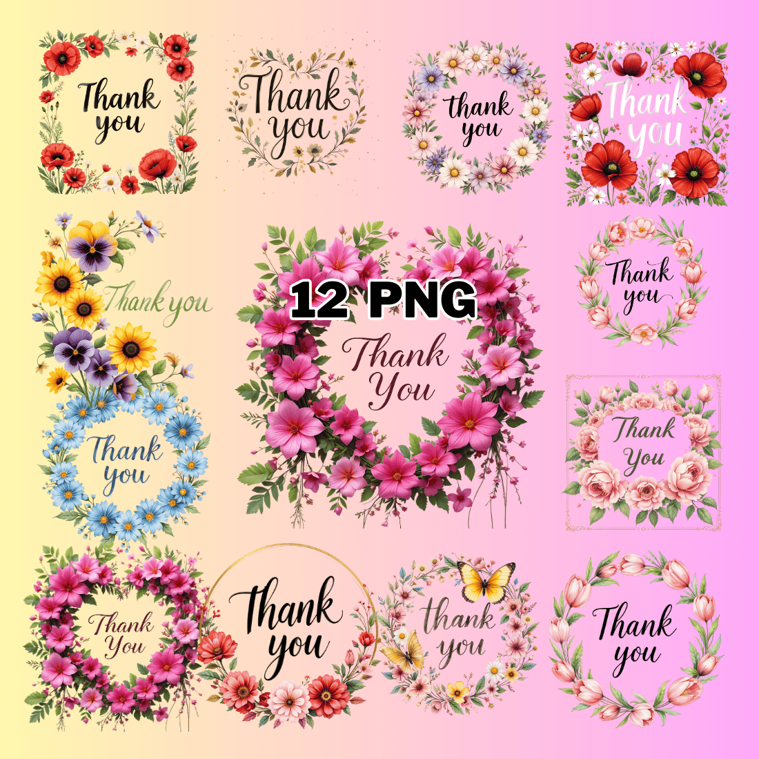 Watercolor Floral Thank You Wreath Sublimation Clipart Bundle preview image.