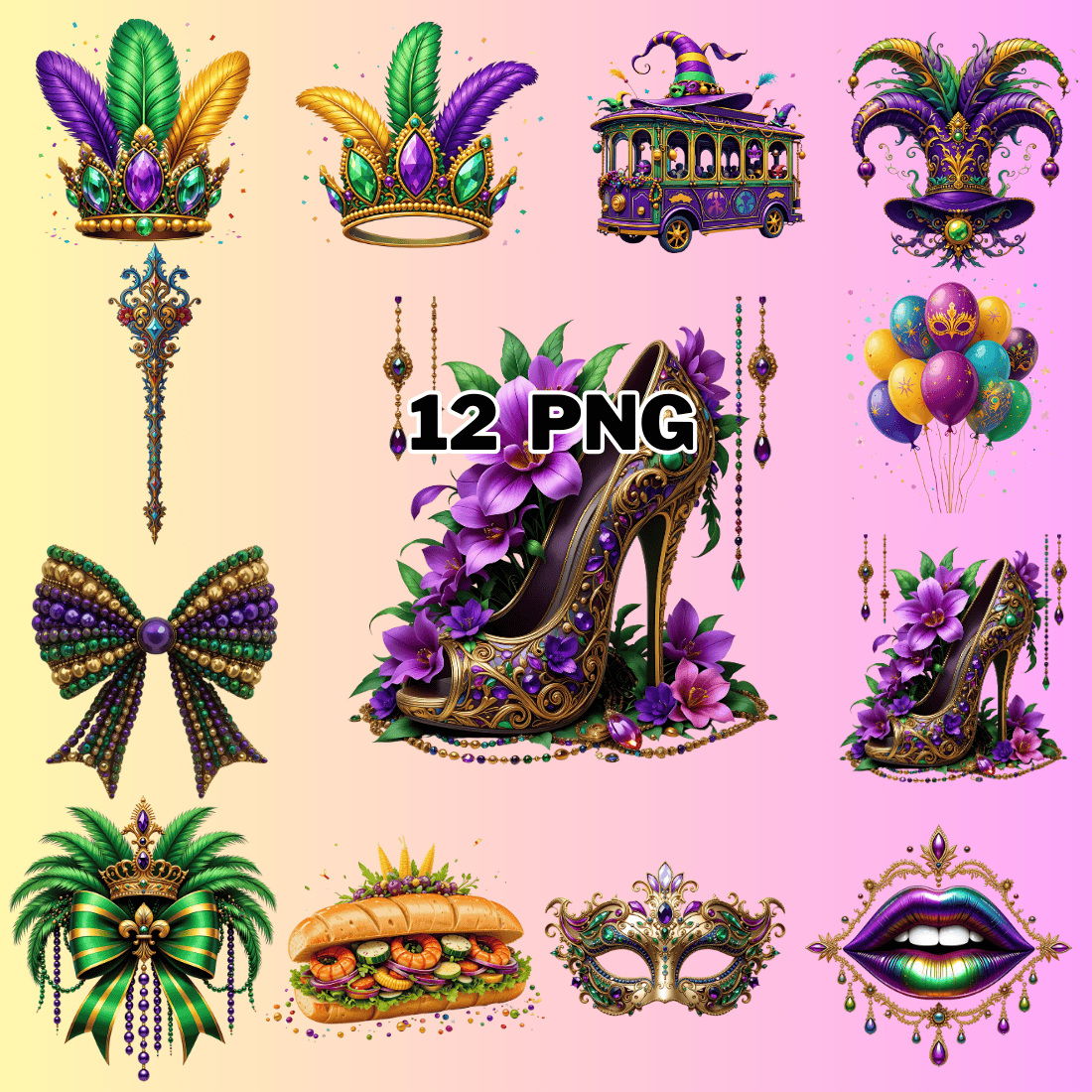 Vibrant Color Mardi Gras Sublimation Clipart Bundle preview image.