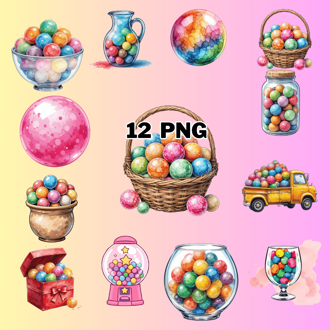 Watercolor Bubble Gum Sublimation Clipart Bundle preview image.