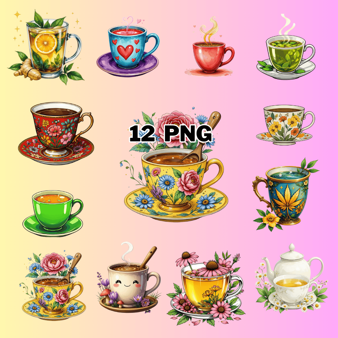 Watercolor Hot Tea Sublimation Clipart Bundle preview image.