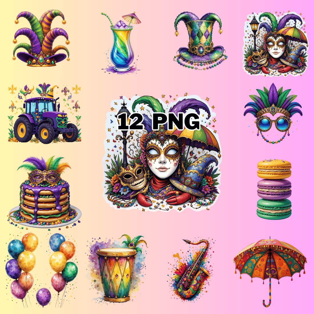 Watercolor Mardi Gras Sublimation Clipart Bundle preview image.