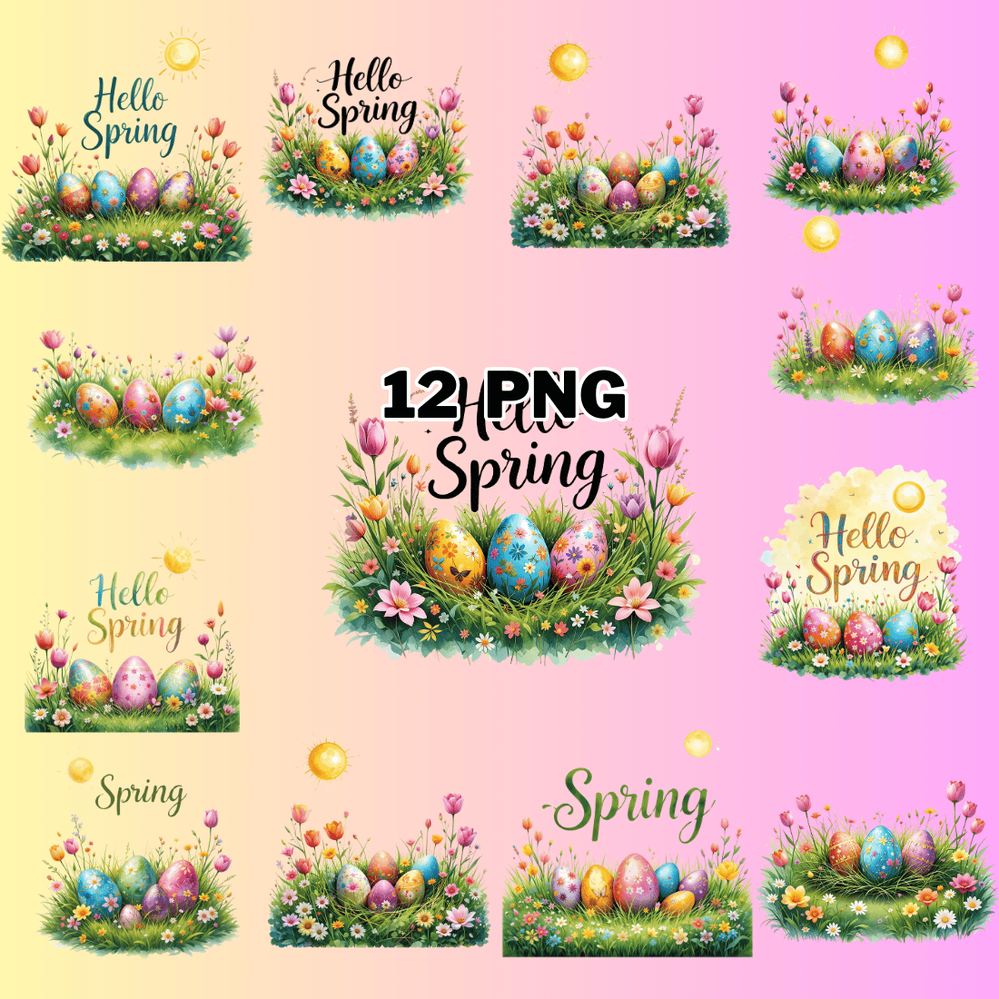 Watercolor Hello Spring Sublimation Clipart Bundle preview image.