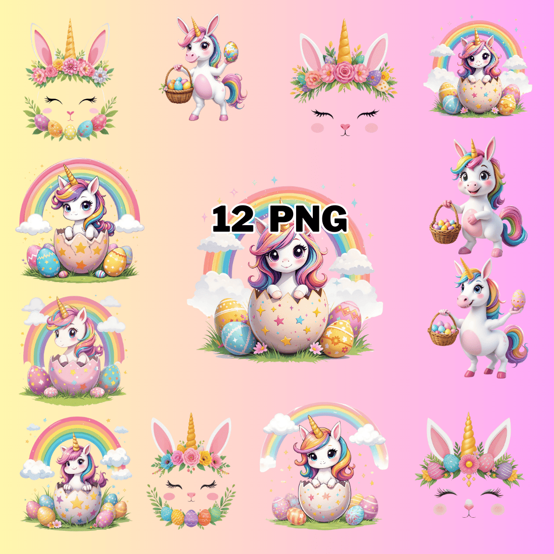 Watercolor Spring Unicorn Sublimation Clipart Bundle preview image.