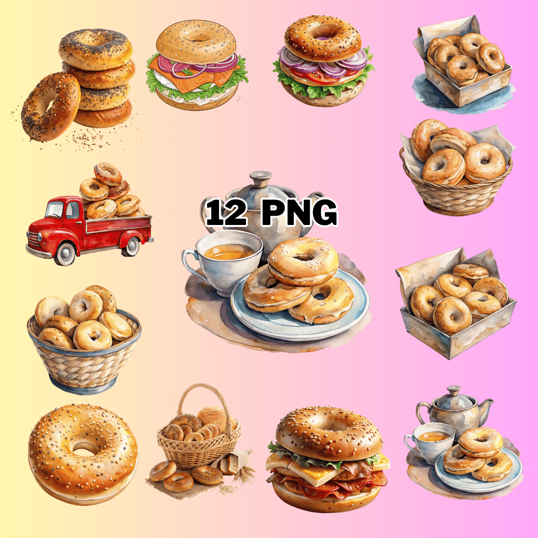 Watercolor Bagel Sublimation Clipart Bundle preview image.