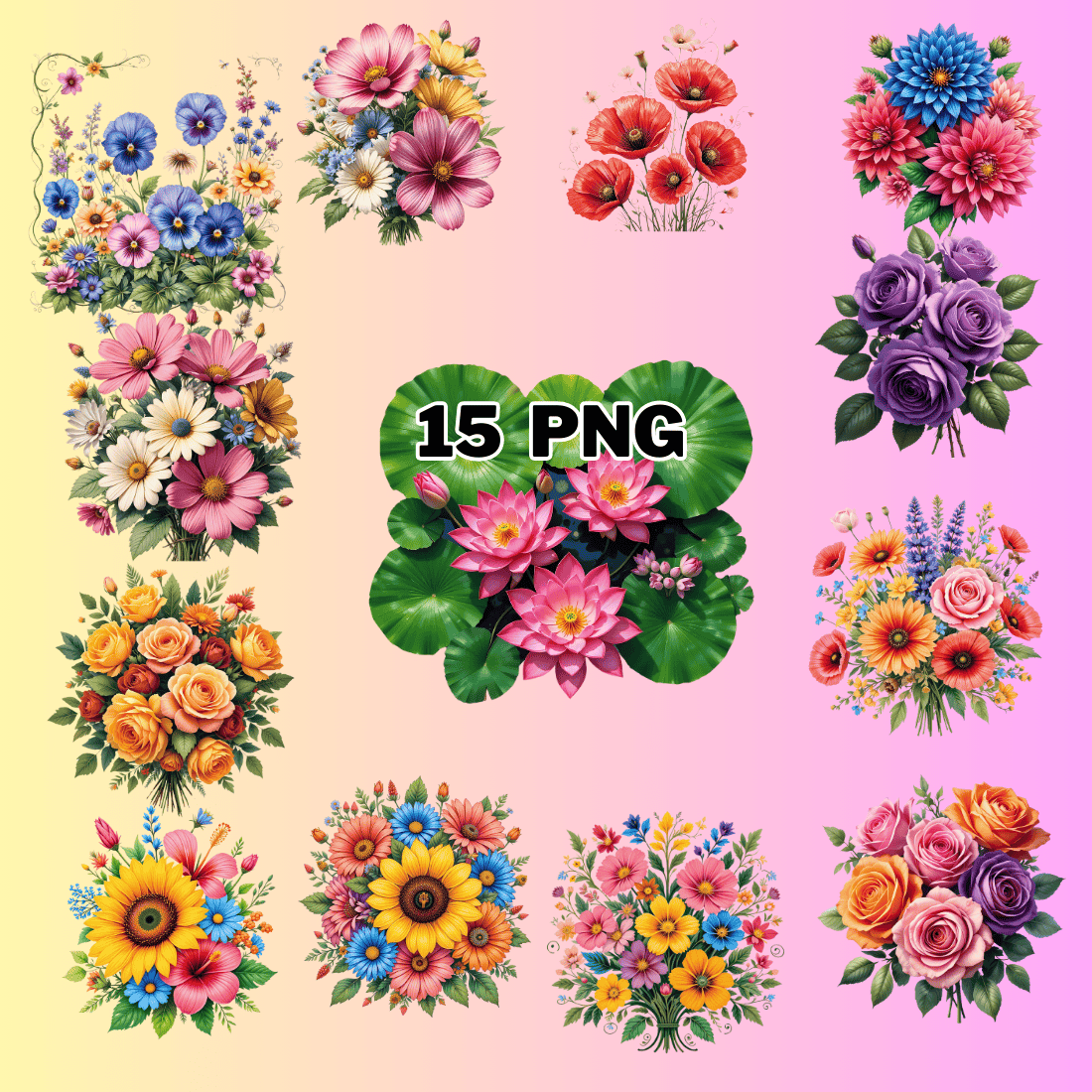 Vibrant Spring Flower Sublimation Clipart Bundle preview image.