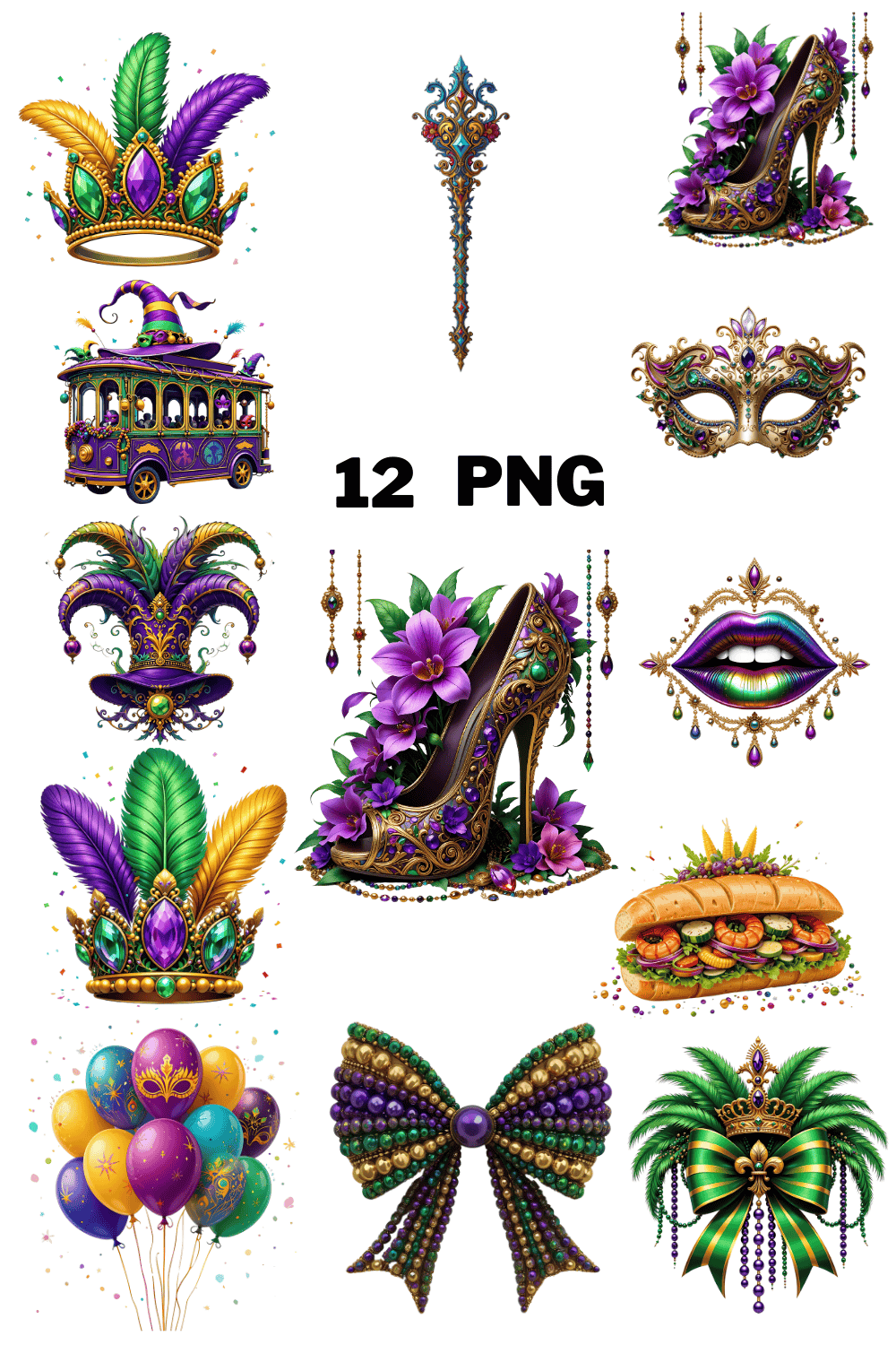 Vibrant Color Mardi Gras Sublimation Clipart Bundle pinterest preview image.