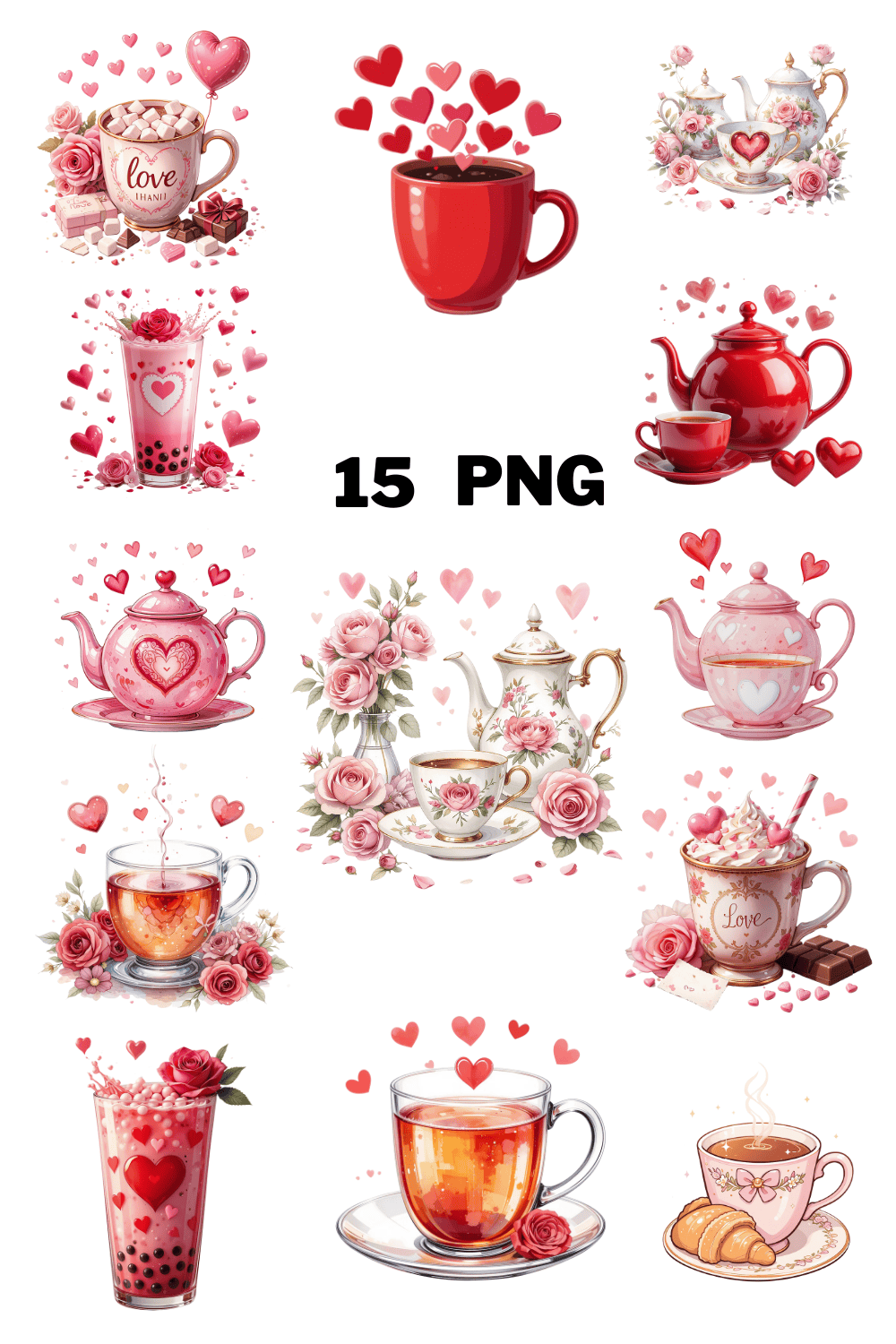 Watercolor Valentine Tea Sublimation Clipart Bundle pinterest preview image.