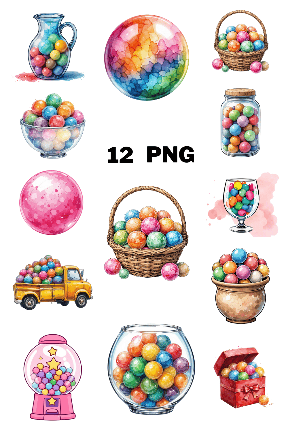 Watercolor Bubble Gum Sublimation Clipart Bundle pinterest preview image.