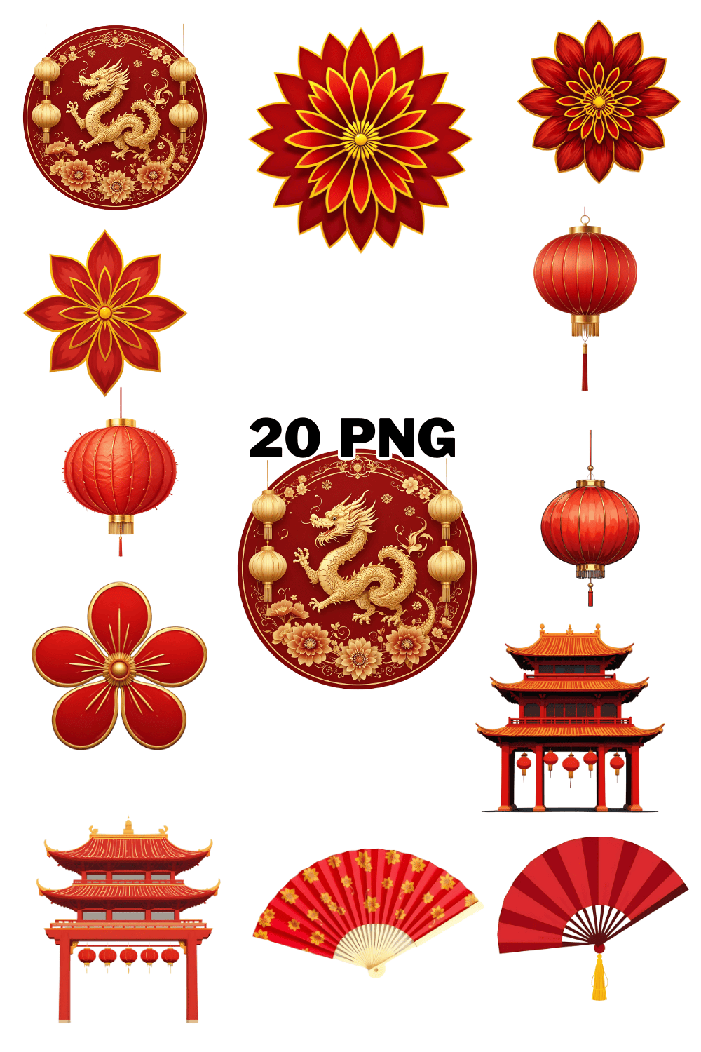 Watercolor Traditional Chinese Elements Sublimation Clipart Bundle pinterest preview image.