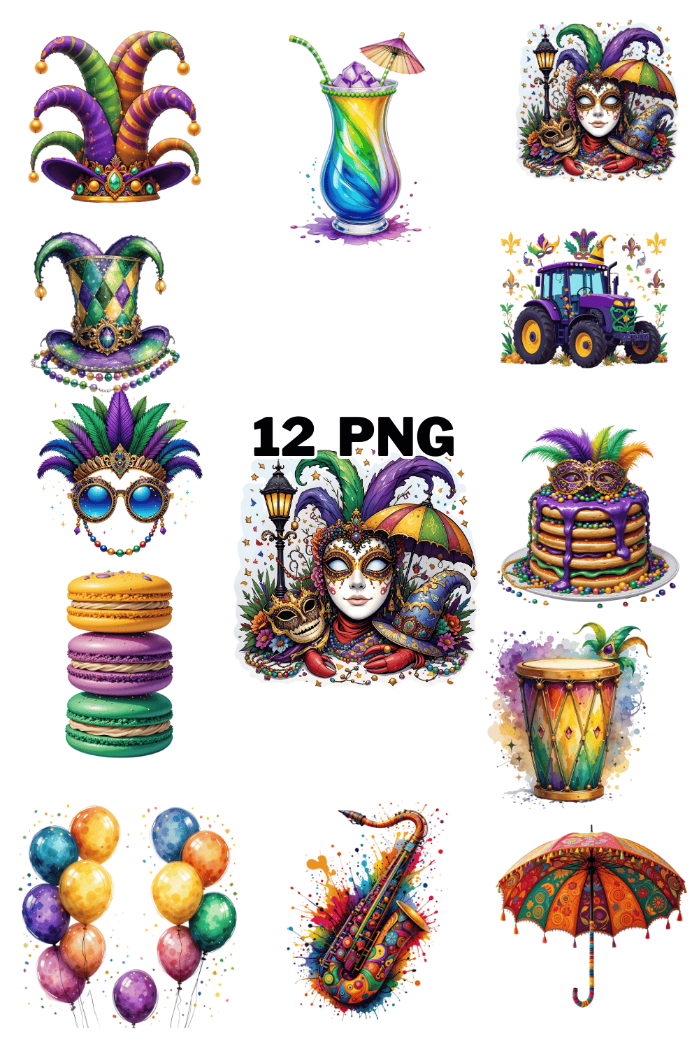 Watercolor Mardi Gras Sublimation Clipart Bundle pinterest preview image.