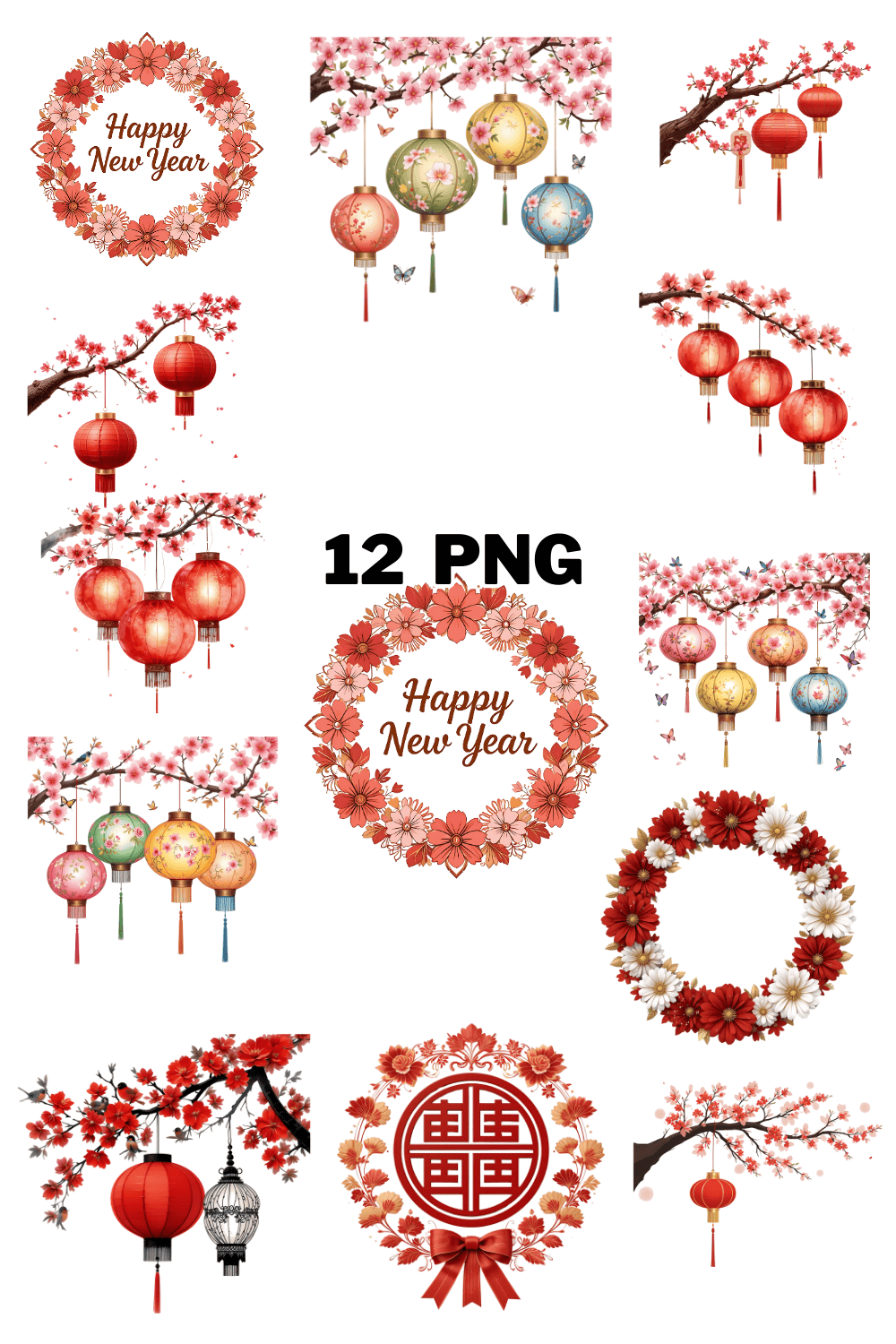 Watercolor Chinese New Year Lanterns and Cherry Blossoms Sublimation Clipart Bundle pinterest preview image.