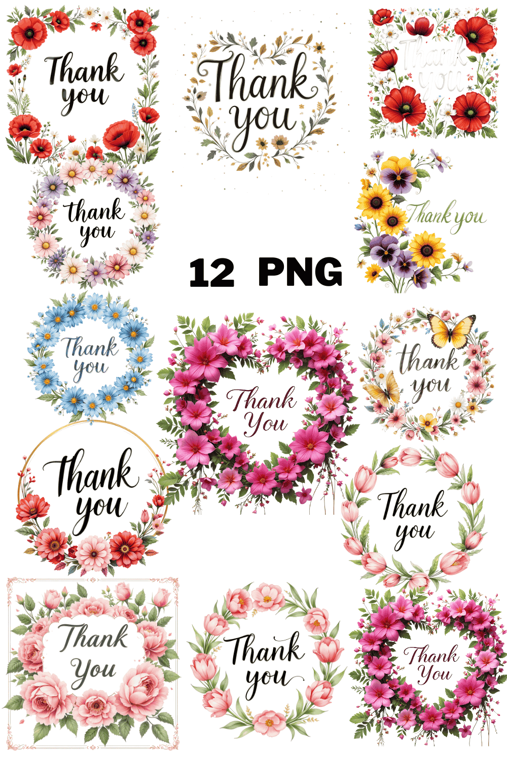 Watercolor Floral Thank You Wreath Sublimation Clipart Bundle pinterest preview image.