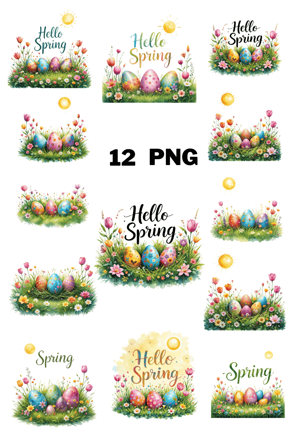 Watercolor Hello Spring Sublimation Clipart Bundle pinterest preview image.