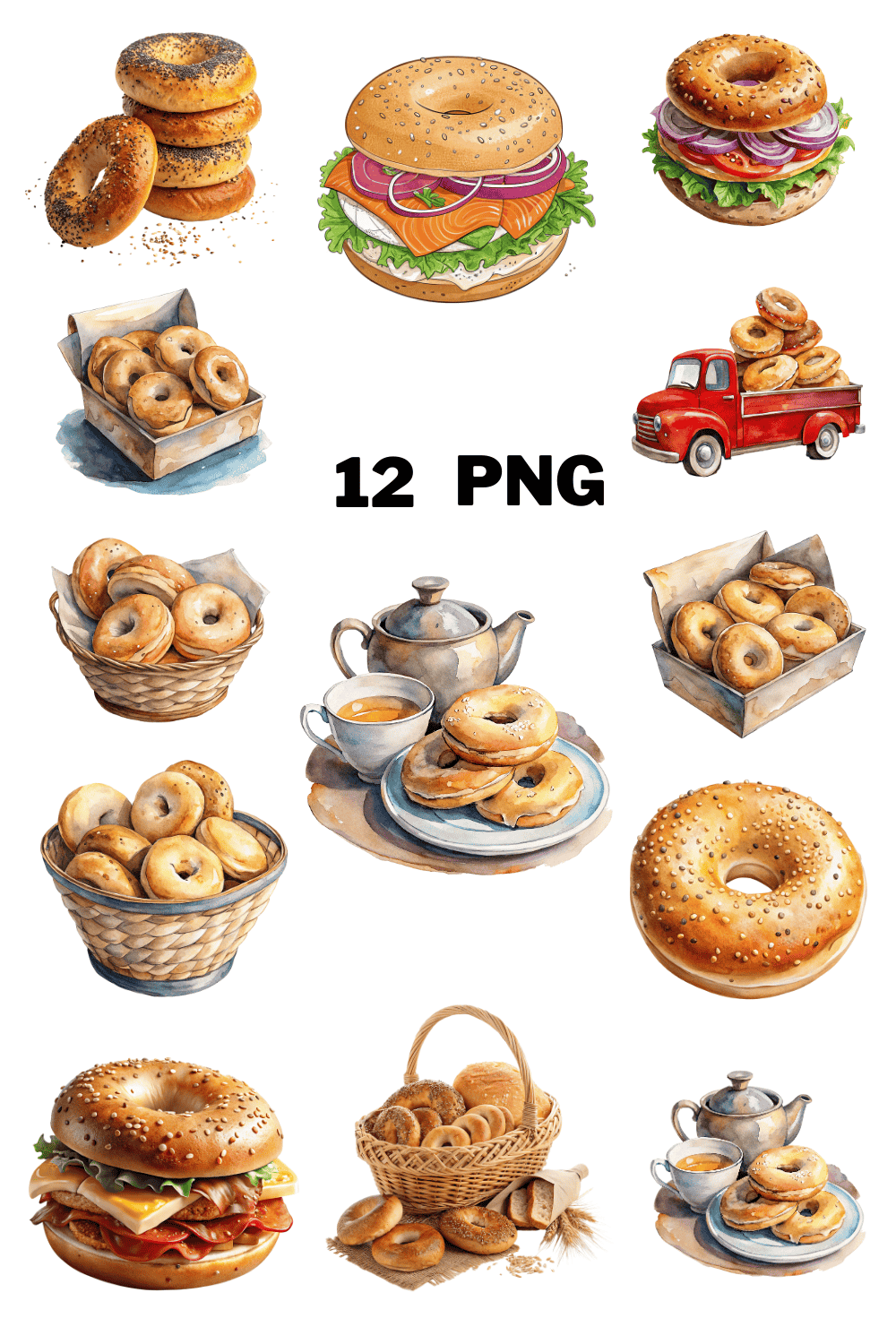 Watercolor Bagel Sublimation Clipart Bundle pinterest preview image.