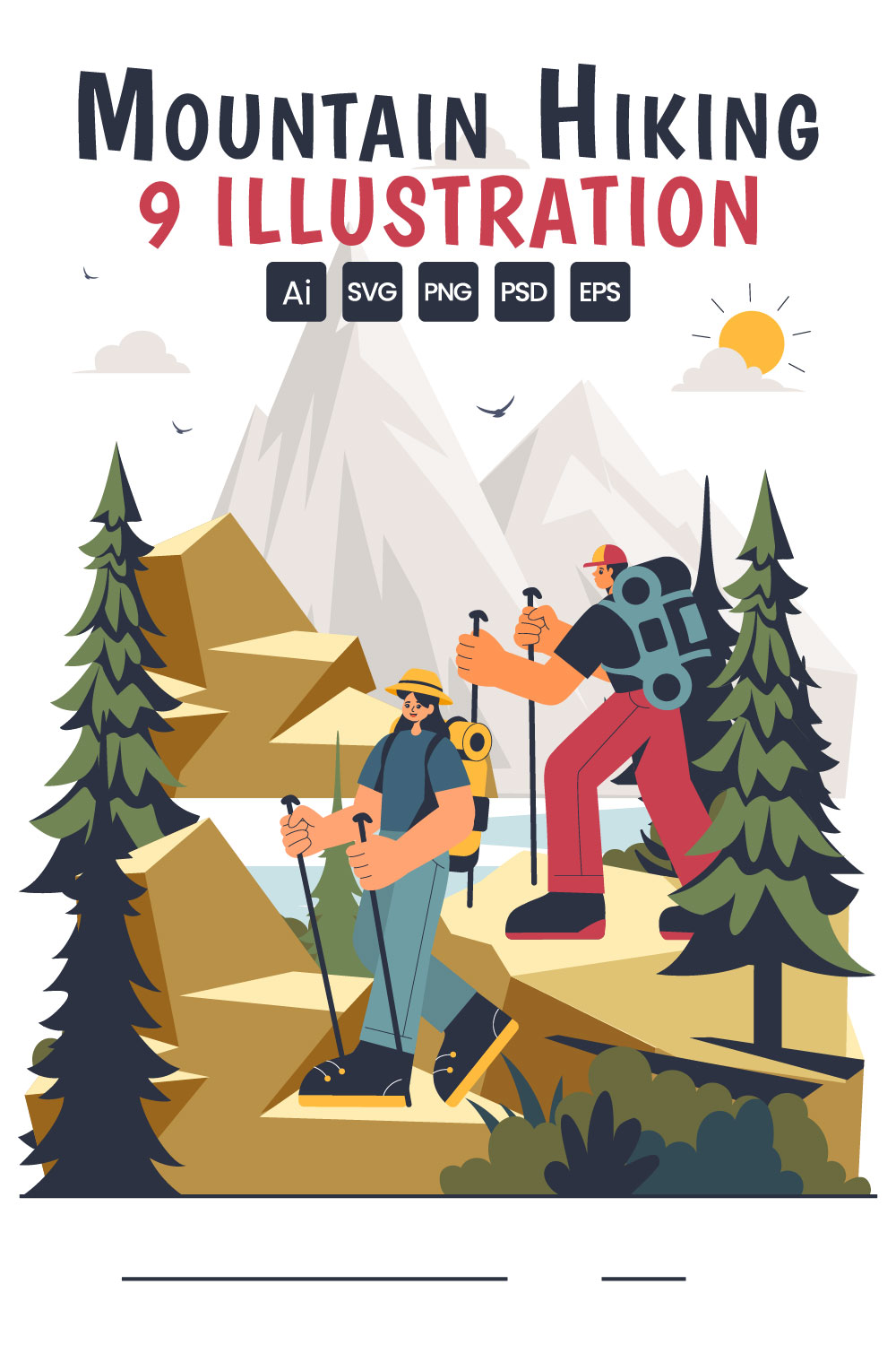 9 Mountain Hiking Adventure Illustration pinterest preview image.