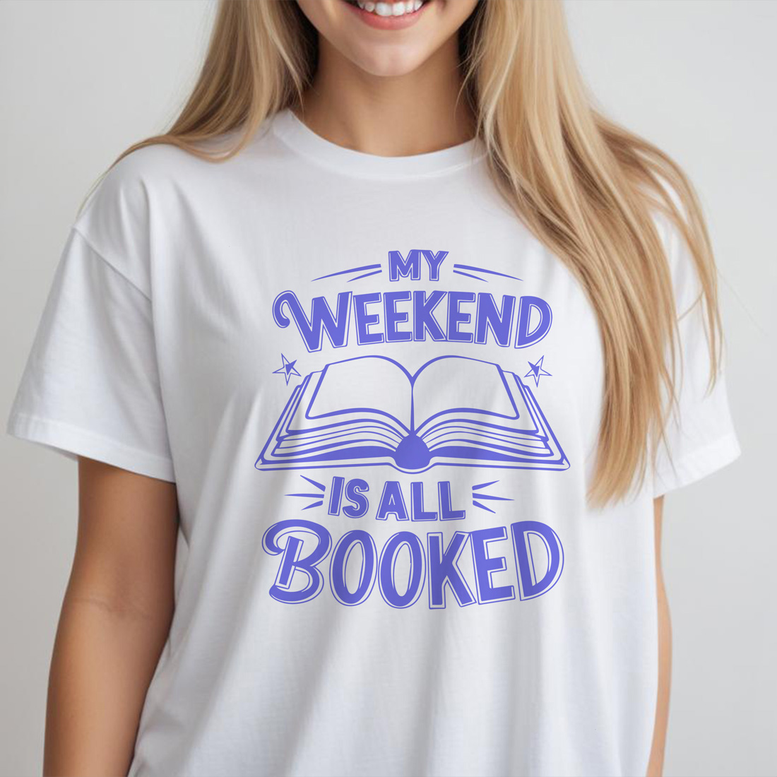 my weekend is all booked white female tshirt front mockup 422