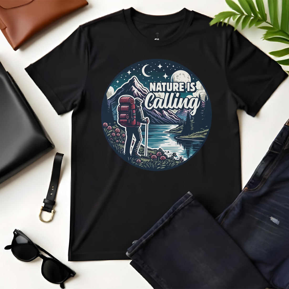 nature is calling hiking graphic design black flat tshirt mockup 469