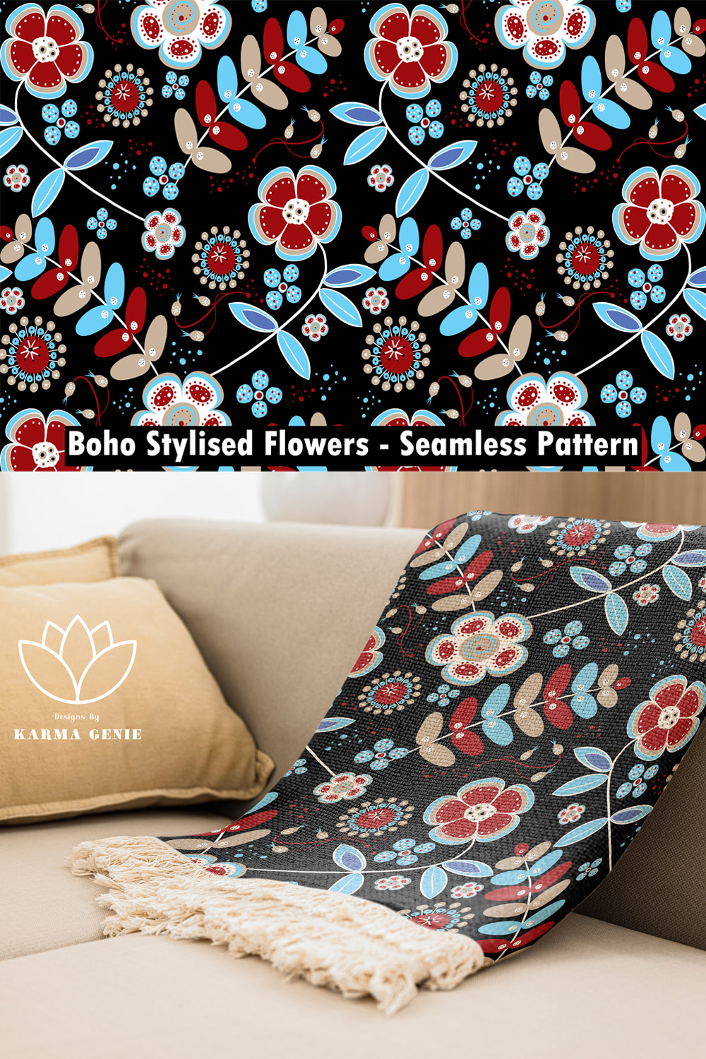 Boho Stylised Flowers - Seamless Pattern pinterest preview image.