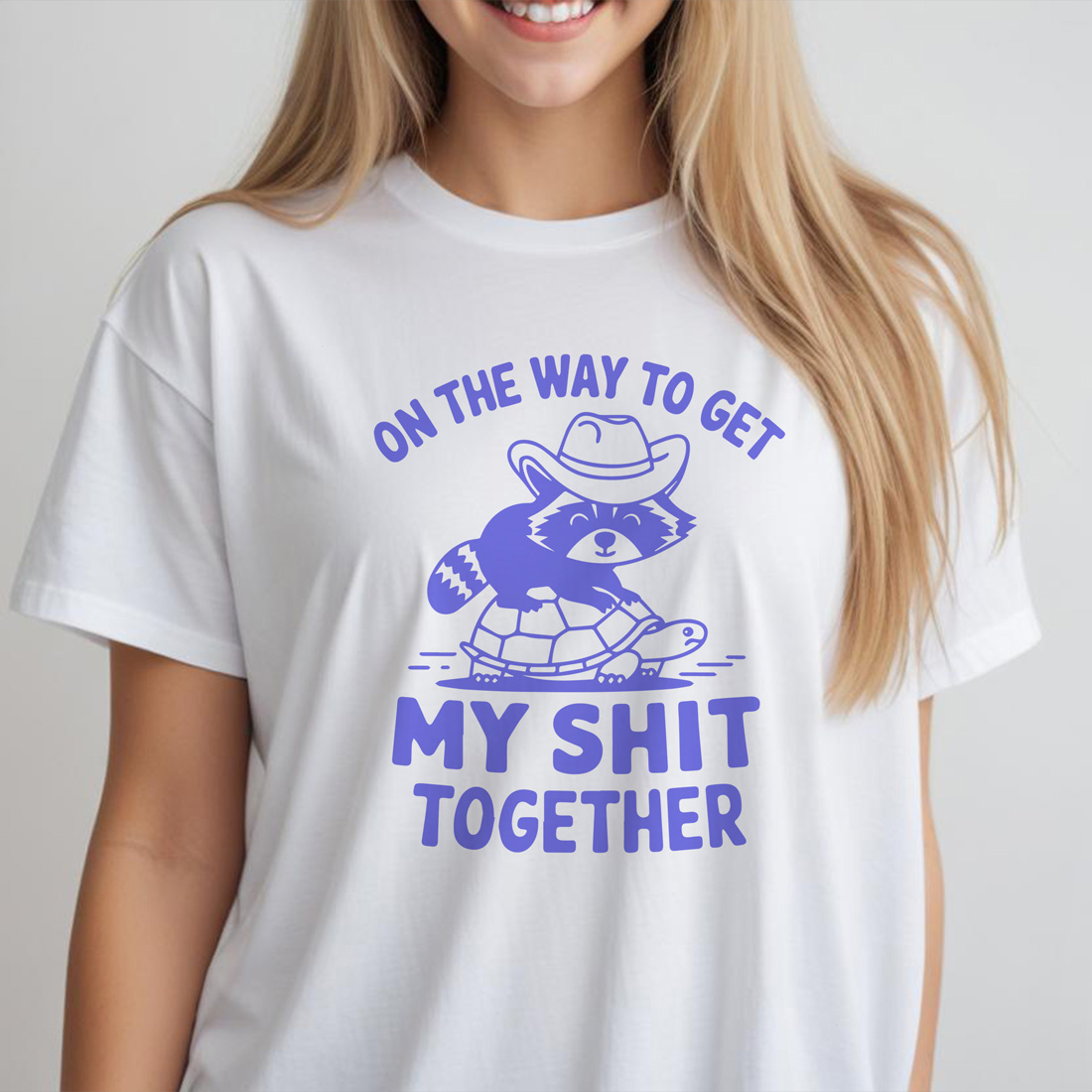 on the way to get my shit together white female tshirt front mockup 371