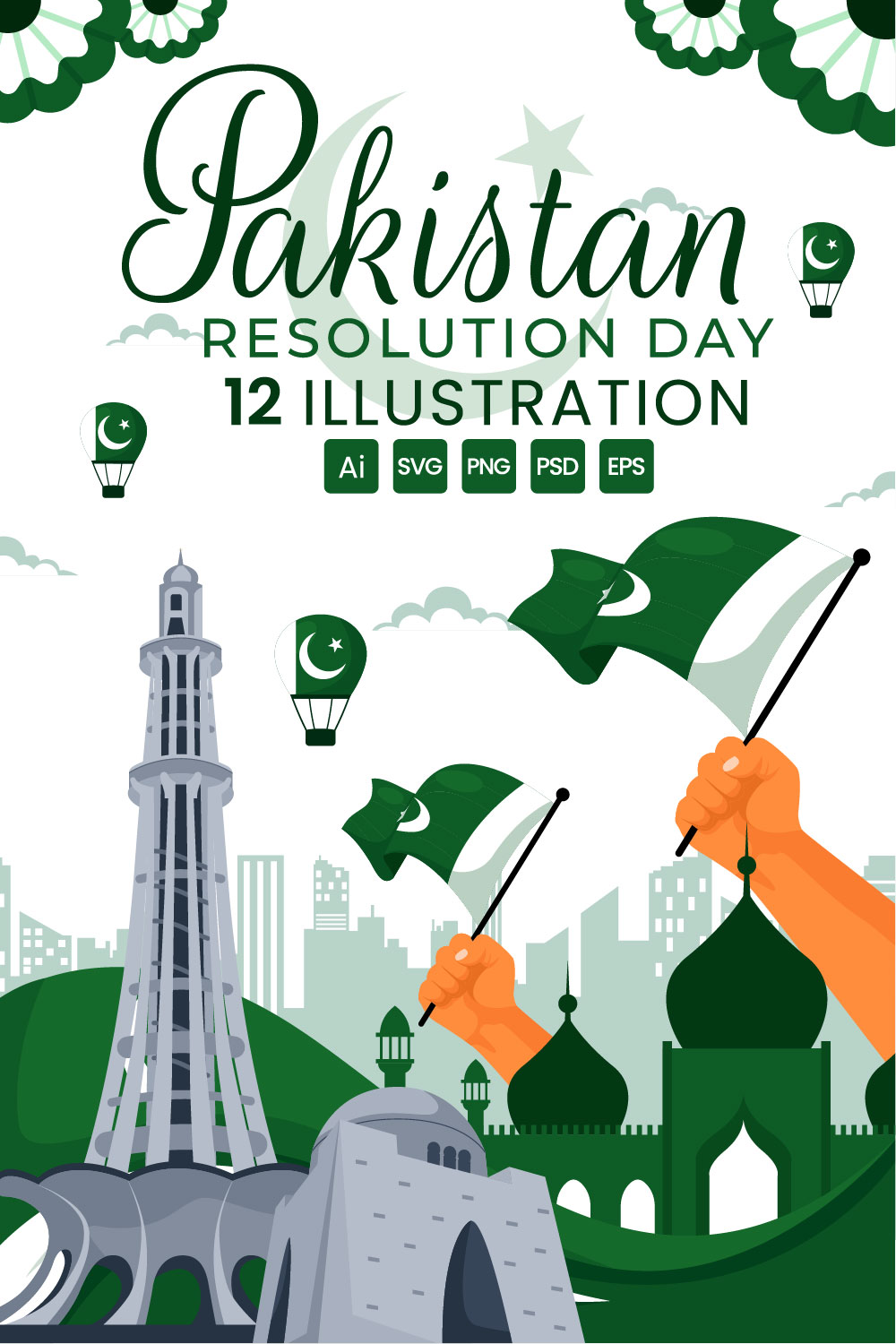 12 Pakistan Resolution Day Illustration pinterest preview image.