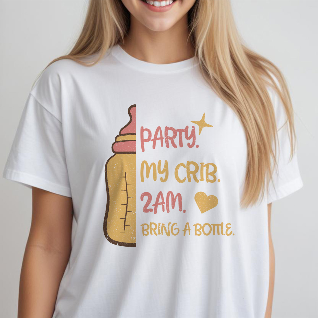 party my crib bring a bottle graphic design for mothers day white female tshirt front mockup 621