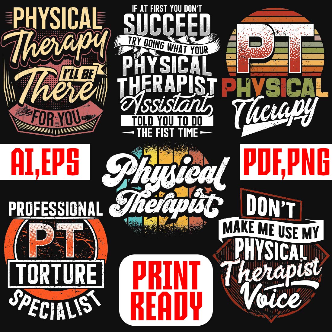 Physical Therapist premium quality T shirt design bundle preview image.