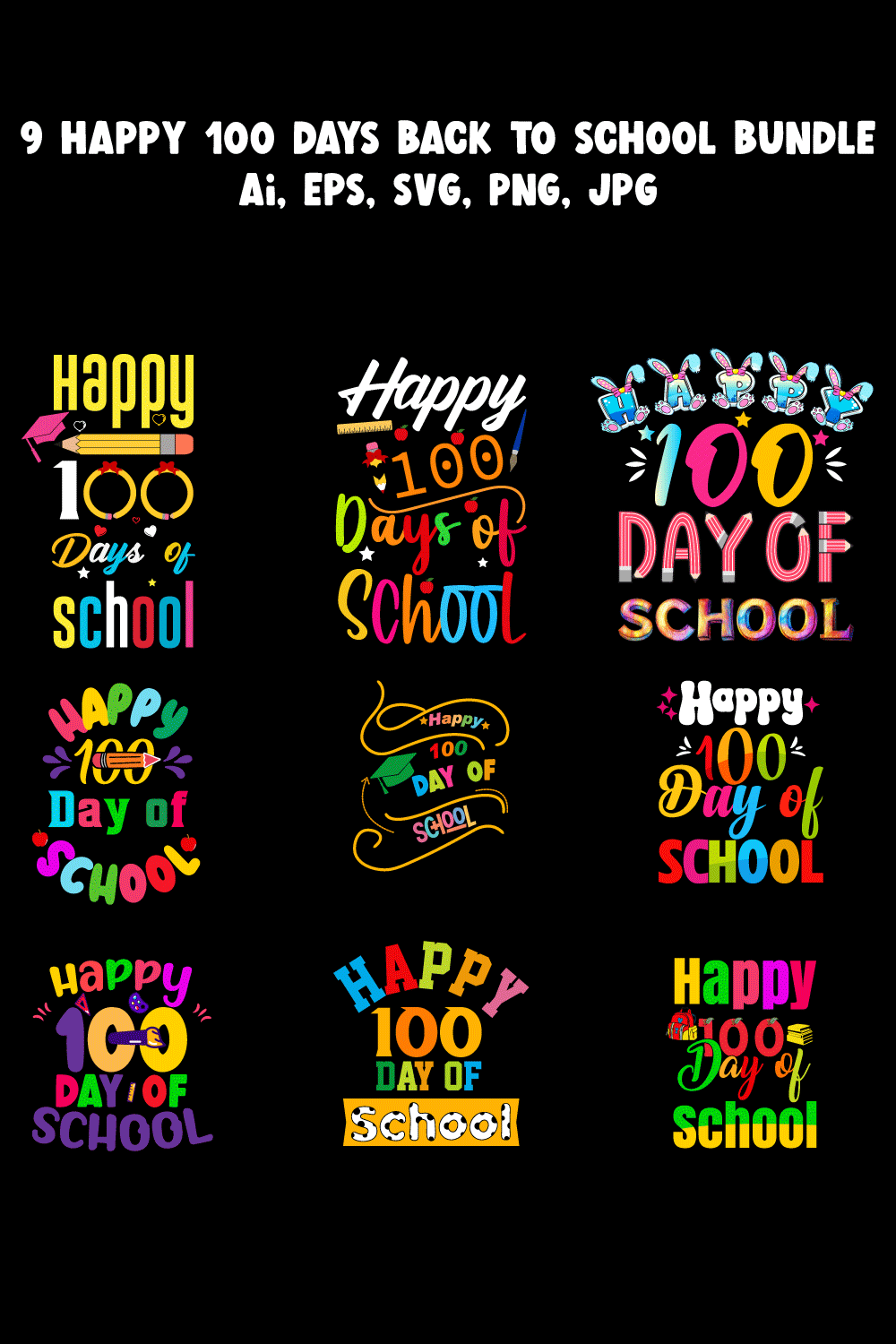 Happy 100 day back to school T-Shirt Design bundle pinterest preview image.